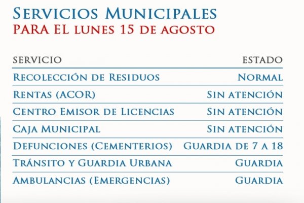 La Municipalidad da a conocer los servicios para el lunes 15 de agosto