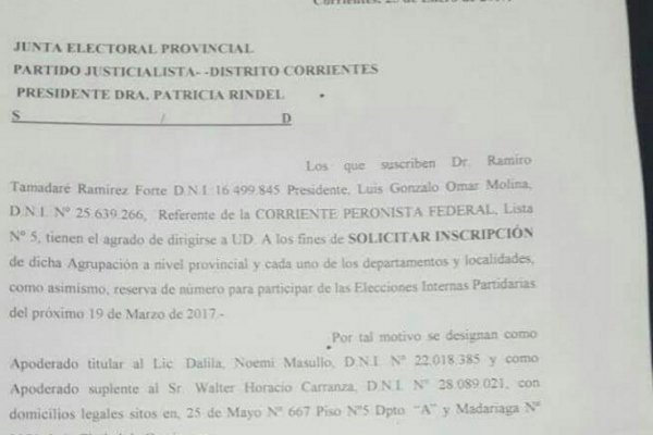 Internas del PJ Corrientes: la Corriente Peronista Federal solicitó su inscripción