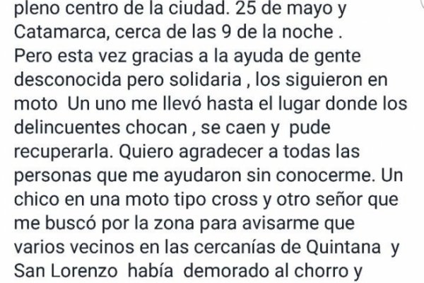 Mujer relató por Facebook cómo vecinos capturaron al motochorro que la asaltó en pleno microcentro