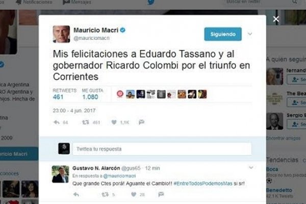 El presidente Macri felicitó a Tassano y Colombi vía twitter