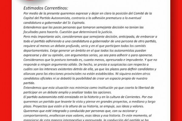 El Partido Autonomista aclara su posición sobre la candidatura a Gobernador de Camau Espínola