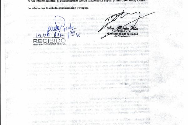 Carta abierta del intendente Fabián Ríos al ministro Carlos Vignolo