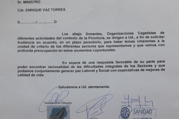 Sindicatos de la CGT solicitaron audiencia a Vaz Torres para discutir recomposición salarial