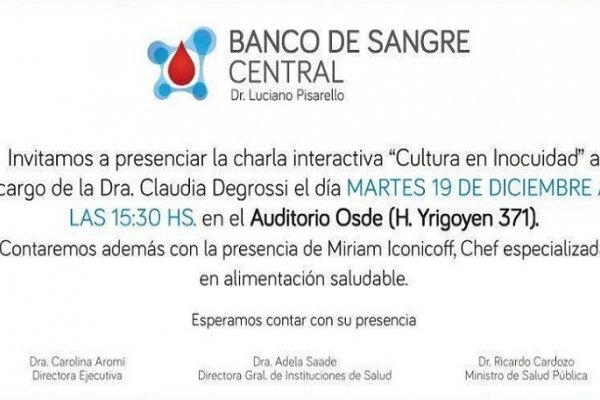 El Banco de Sangre Central realizará una charla sobre la Inocuidad