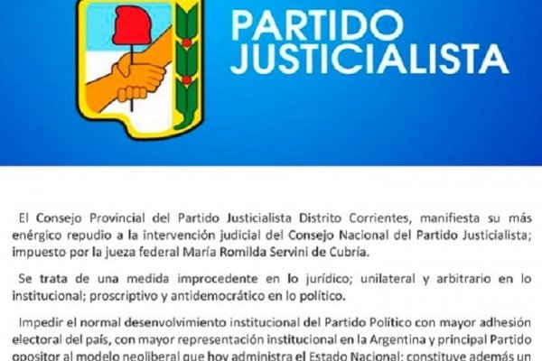 Enérgico rechazo del PJ correntino a la intervención de Luis Barrionuevo