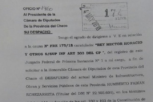 Ingresó el pedido de desafuero para Echezarreta y dos diputados del PJ esperan que haya renuncia