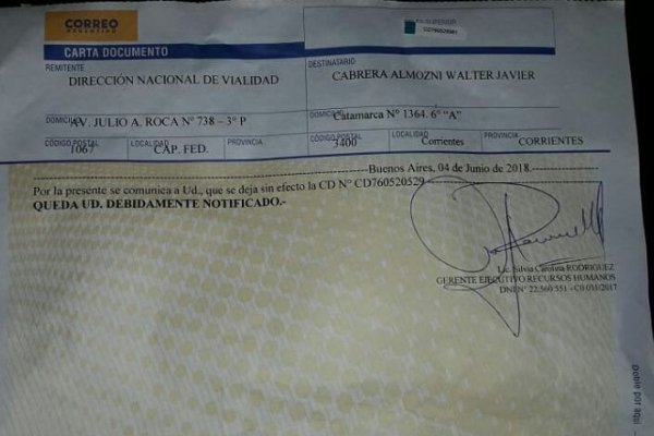 Urgente: reincorporan a empleado de Vialidad en Corrientes y advierten que denunciarán a funcionarios