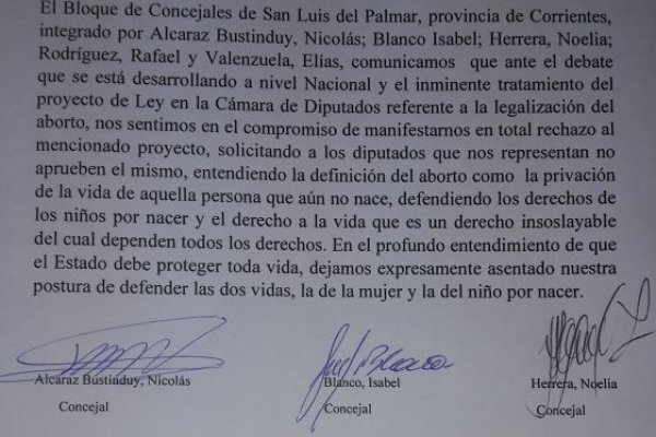 Concejales de San Luis del Palmar, contra la despenalización del aborto