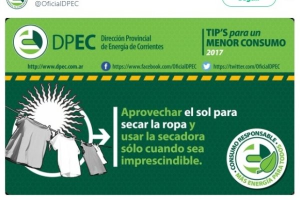 Tarifazo: la DPEC pide a los correntinos que saquen la ropa al sol para gastar menos energía