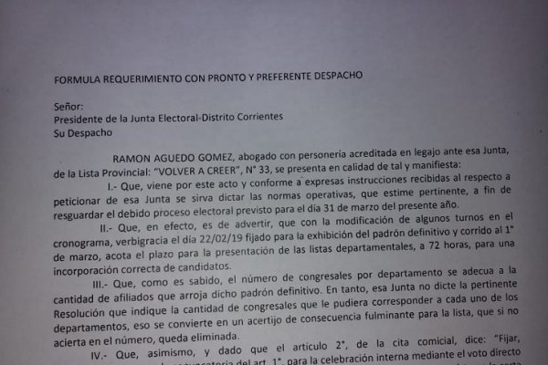 Volver a Creer formuló requerimientos a la Junta Electoral del Partido Justicialista