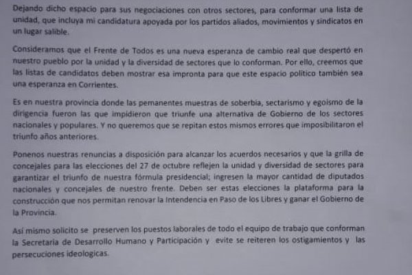 Paso de los Libres: Renunciaron funcionarios del PC en post de la Unidad Justicialista