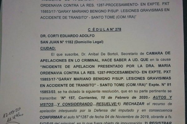 Corrientes: Ratifican procesamiento del Intendente de Santo Tomé