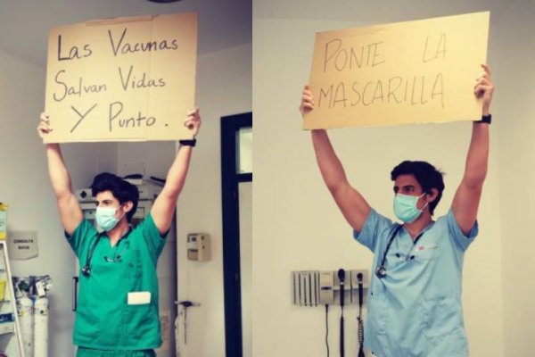 Es médico, posa con carteles concientizadores sobre el coronavirus y es viral en las redes