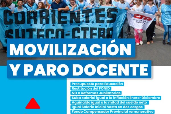 Este miércoles 02/10 habrá paro docente en Corrientes