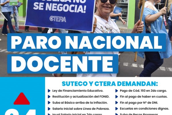 Este lunes hay Paro Nacional al que adhieren Docentes de Corrientes